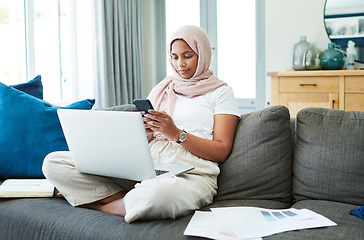 Image showing Remote work, sofa and Muslim woman on laptop and phone for online project, job and research. Working from home, business and person with tech for website, internet and planning for freelance career