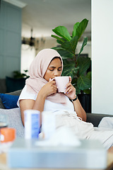 Image showing Muslim woman, sick and smelling herbal tea for natural aroma, healing and relax in living room. Female person, hijab and mug with thinking for flu infection, illness recovery and treatment in winter