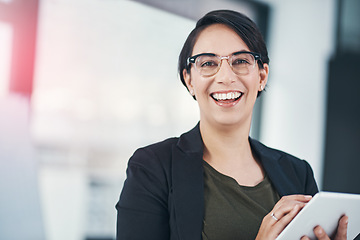 Image showing Woman, tablet and office in portrait with smile in confidence for editor job with tech. Female person, workplace and analytics with notepad in company for business with pride, digital and career