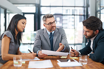 Image showing Conversation, people and meeting in office with tablet for business report or online growth with information sharing. Manager, employees and paperwork to show review, corporate and careers in sales.