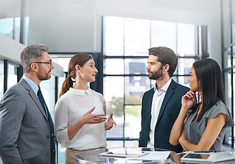 Image showing Conversation, people and meeting in office with tablet for business report or online growth with information sharing. Manager, employees and paperwork to show review, corporate and careers in sales.