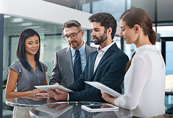 Image showing Communication, people and meeting in office with tablet for business report or online growth with information sharing. Manager, employees and digital tech for feedback, corporate and career in sales.