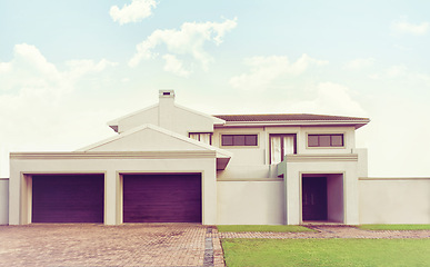 Image showing Double storey, luxury or home in neighborhood, community or residential area in Dallas, Texas in USA. Background, garage or suburban house for investment project, property or real estate in town