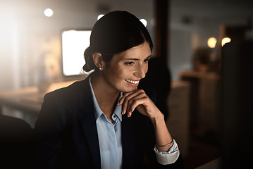 Image showing Thinking, night and business with woman, solution and pro bono with lawyer and problem solving. Ideas for court case, legal aid and deadline with person or planning with research for defence attorney