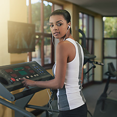 Image showing Black woman, gym and treadmill for fitness with looking away, exercise and workout routine for health. Female person, thoughts and contemplation with commitment for wellness, wellbeing and self care