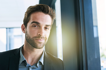 Image showing Portrait, business and man with sunshine, modern office and startup with confidence and lawyer. Legal aid, happy person and attorney in workplace and lens flare with pride for company and growth