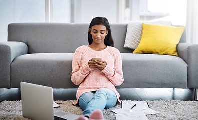 Image showing Break, student or Indian woman on floor with phone studying for exam or distance learning. Girl, university, college learner with paperwork for project, application or education with task in home