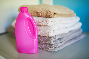 Image showing Towels, detergent and washing laundry cleaning or chemical for cotton bacteria, product or household. Cloth, sanitary and folded for neat organizing or linen with soap as service, stack or hygiene