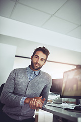 Image showing Businessman, computer and relax at desk in office for retail, email and online communication. Portrait, male person and technology in workplace for internet, telemarketing and consulting agent.