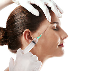 Image showing Woman, hand and injection for eyebrow filler in studio or cosmetic procedure, plastic surgery or face lift. Female person, needle and anti aging treatment for wrinkles, white background or mockup