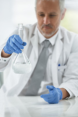 Image showing Mature man, beaker or scientist in lab for science innovation, vaccine or antiaging medicine chemical. Life extension, medical or blur of biologist with chemistry in research or liquid experiment