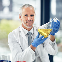 Image showing Mature man, liquid or portrait of scientist in lab for science innovation, vaccine or antiaging medicine. Life extension, medical or proud biologist with chemistry in research or beaker experiment