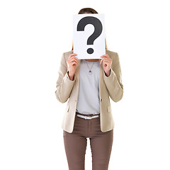 Image showing Business, woman and placard with question mark in studio for about us consultant and help with confusion. Entrepreneur, professional person and poster for FAQ and communication on white background