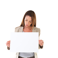 Image showing Woman, poster and advertising with mockup for marketing, product placement and branding on studio background. Banner, blank or billboard sign by female person for display, announcement or design