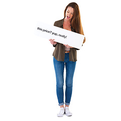 Image showing Woman, sign and sale poster with shock for low prices on white background, promoting or marketing. Female person, billboard and exciting announcement in studio with writing, mockup space or discount