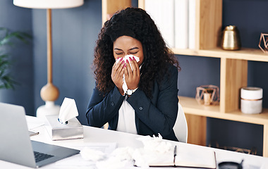 Image showing Black woman, business and tissue or blowing nose in office for allergies sneeze, virus or hayfever. Female person, sick and work deadline with bacteria infection or pneumonia disease, flu or overtime