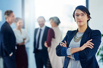 Image showing Portrait, business and woman with arms crossed, confidence and cooperation with teamwork and group. Face, person or consultant with collaboration, attorney and lawyer with corporate and legal aid