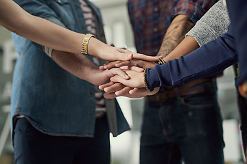 Image showing Creative, hands and people together in office for collaboration on work project or task, celebration and synergy. Team, huddle and bonding in building of designer company, motivation and achievement.