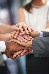 Image showing Business people, hands and stack for teamwork support with b2b collaboration, merger or partnership. Fingers, pile and community agreement in union for employee solidarity in goal, corporate or staff