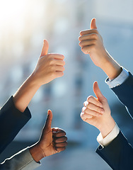 Image showing Diversity, good news and business people with thumbs up in office for collaboration or motivation. Teamwork, satisfaction and group of lawyers with approval hand gesture for achievement in workplace.