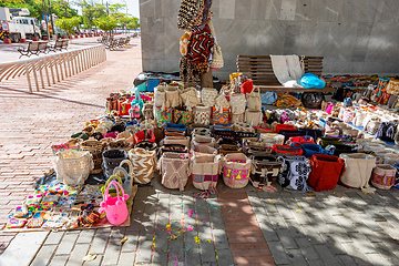 Image showing Colorful handmade bags at a vibrant street market. Santa Marta, Colombia