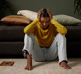 Image showing Frustrated, student and girl in bedroom, anxiety and mental health for rejection to university and stress. Home, depressed and unhappy Indian person, floor and headache for fail, mistake and exam