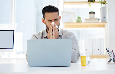 Image showing Business man, tissue and blowing nose in office for flu illness, mucus or allergies with medication. Sick, virus and male employee for healthcare problem, bacteria infection or pneumonia disease