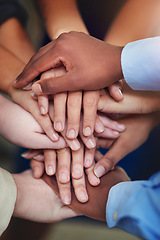 Image showing Hands, diversity and people in office for community, success and collaboration for startup company. Teamwork, solidarity and small business for trust, partnership and international workforce.