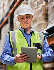 Image showing Warehouse, manager and tablet with stock, checklist and app for logistics and cargo export. Mature man, freight and inventory for shipping, ecommerce and wholesale supplier with courier inspection