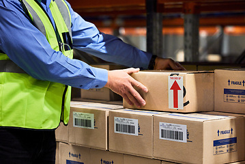 Image showing Warehouse, manager and box with stock, label and package for logistics and cargo export. Person, freight and inventory for shipping, ecommerce or wholesale supplier with courier inspection for retail