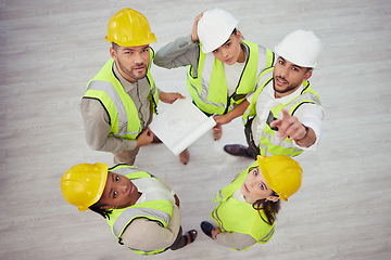 Image showing Architect, portrait and team with documents for planning, meeting or construction above at workplace. Top view or group of people, engineering or contractors with floor, paperwork or helmet on site