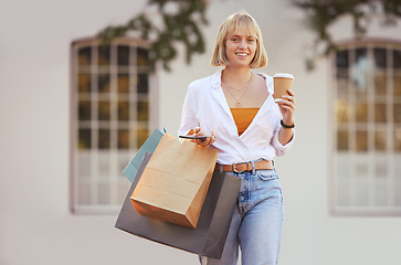 Image showing Urban woman, shopping bags and portrait with smile, cellphone and coffee for retail sale. Shopper, smartphone and technology for online store discount or purchase for consumer, bargain and spending