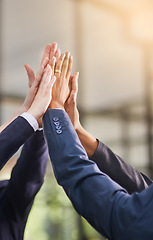 Image showing High five, business and hands of people in office for collaboration on work project, celebration and synergy. Team, huddle and bonding in building of corporate company, motivation and achievement.