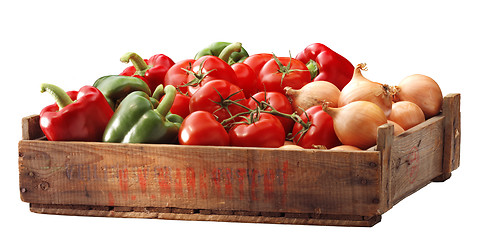 Image showing Crate of bell peppers and other vegetable