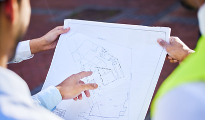 Image showing Construction, people and meeting with blueprint in hands planning and project management logistics. Architecture, discussion and collaboration on home renovation or building strategy or floor plan