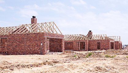 Image showing House, brick wall and real estate project for construction, development and dream home renovation. Property, building and architecture with structure, worksite and suburban improvement and design