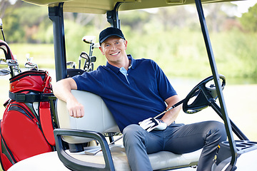 Image showing Man, golf cart and portrait for sports, fitness and exercise for hobby in summer outdoor. Golfer or happy person with equipment for adventure on field for training, activity and game on vacation