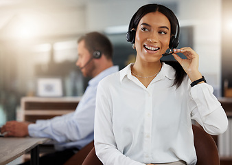 Image showing Woman, telemarketing and call center with idea for customers, contact and business deal. Sales representative, consulting and pc with headset for digital communication, networking and negotiation