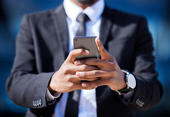 Image showing Hands, business and man with cellphone, typing and internet with lawyer, digital app or social media. Person, legal aid or attorney with smartphone, online schedule or message with email or texting