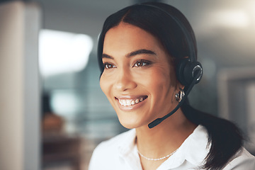 Image showing Call center, computer and smile with woman consultant in telemarketing office for help or sales. Contact us, face and headset with happy agent in workplace for online customer service or support