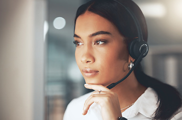 Image showing Call center, idea and problem solving with woman consultant in telemarketing office for help or sales. Contact us, face and headset with agent thinking in workplace for customer service or support