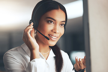 Image showing Call center, computer and help with woman consultant in telemarketing office for help or sales. Contact us, face and headset with crm agent in workplace for consulting, customer service or support