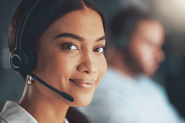 Image showing Call center, portrait and smile with woman in telemarketing office for assistance, help or sales. Contact, face and headset with confident or happy agent in workplace for customer service or support