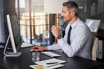 Image showing Thinking, business and man with computer, ideas and accountant with online reading, check email and stock market. Person, investor and broker with pc, website info and solution for funding growth