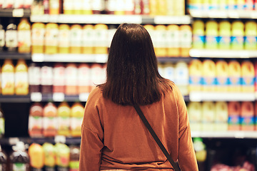 Image showing Shopping, choice or woman at supermarket for grocery, decision or product search for sale, discount or bargain. Economy, inflation or back of customer with cost, price or budget comparison at mall