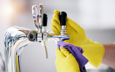 Image showing Bar, person or hands cleaning tap for shine in home for disinfection, cafe or kitchen in small business. Barista, wipe or closeup of cleaner with gloves or cloth for sanitary hygiene, dust and faucet