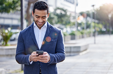 Image showing Cellphone, businessman and texting in city, outside and communication for corporate employee. Smile, conversation and virtual for male person in New York, lawyer firm and scrolling on social media