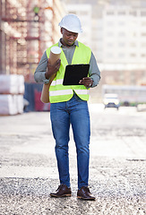 Image showing Construction site, blueprint and clipboard by black man for design, checklist or architecture compliance. Building, engineering or African architect with property floor plan for industrial strategy