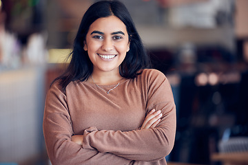 Image showing Happy woman, portrait and business owner with confidence in cafe for dream, pride or career ambition. Young female person or employee with smile and arms crossed for creative restaurant or startup