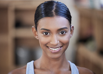 Image showing Face, Indian woman and fitness with smile in gym for exercise, strong body and health with runner. Female athlete, happiness and portrait with in wellness club for sports training, workout and joy